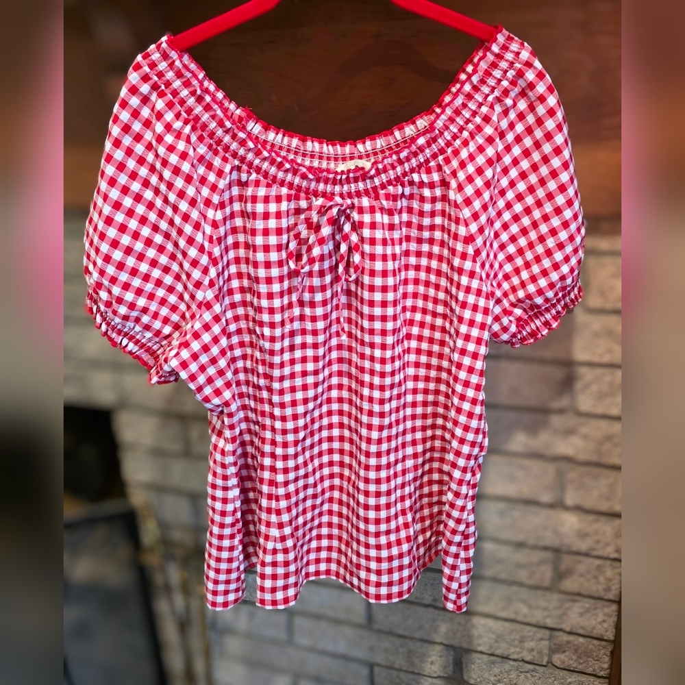 Belle Poque Red Gingham Smocked Neck Peasant Blouse - Picture 5 of 6
